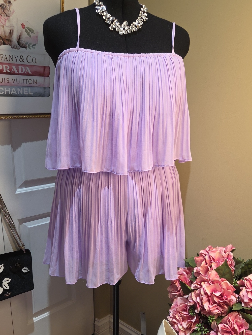 Nwot XL Exlura  Lavender Pleated Romper - Lightweight Spaghetti-Strap Jumpsuit - Picture 3 of 15